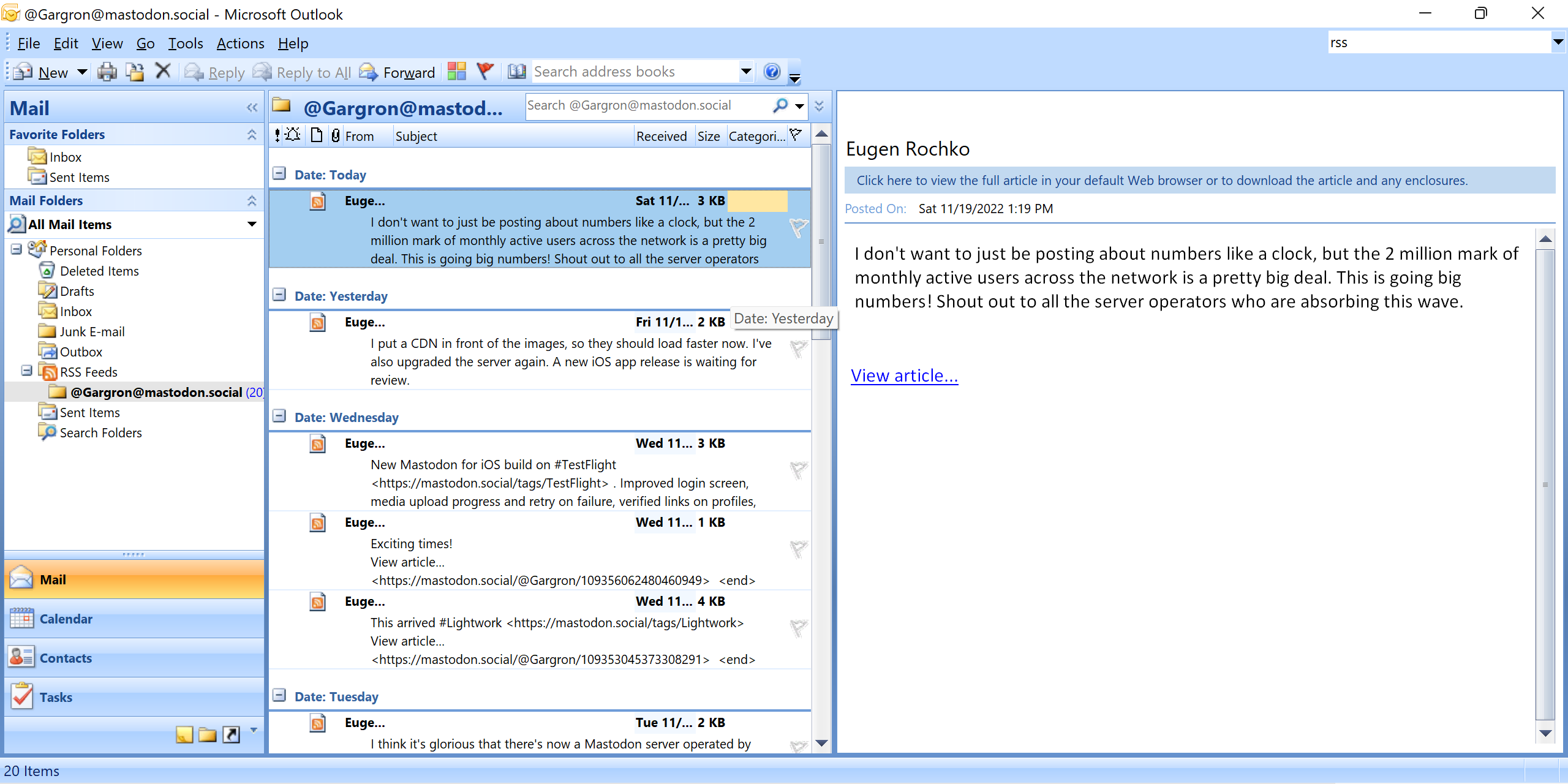 Screenshot of Microsoft Outlook application displaying a three column user interface of folders, list of messages, and a specific message